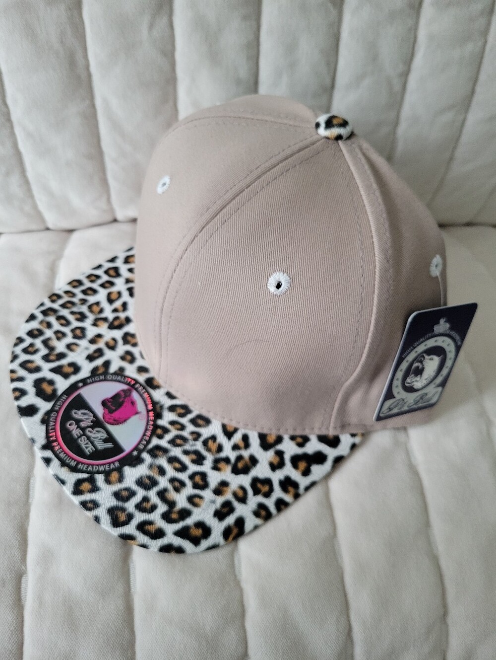 Beige Baseball Cap with Leopard Print Brim